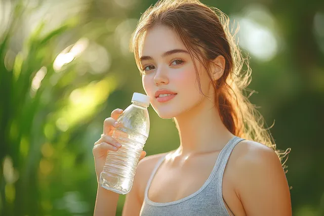 Young woman holding a clear plastic water bottle outdoors with warm sunlight and a blurred green background.