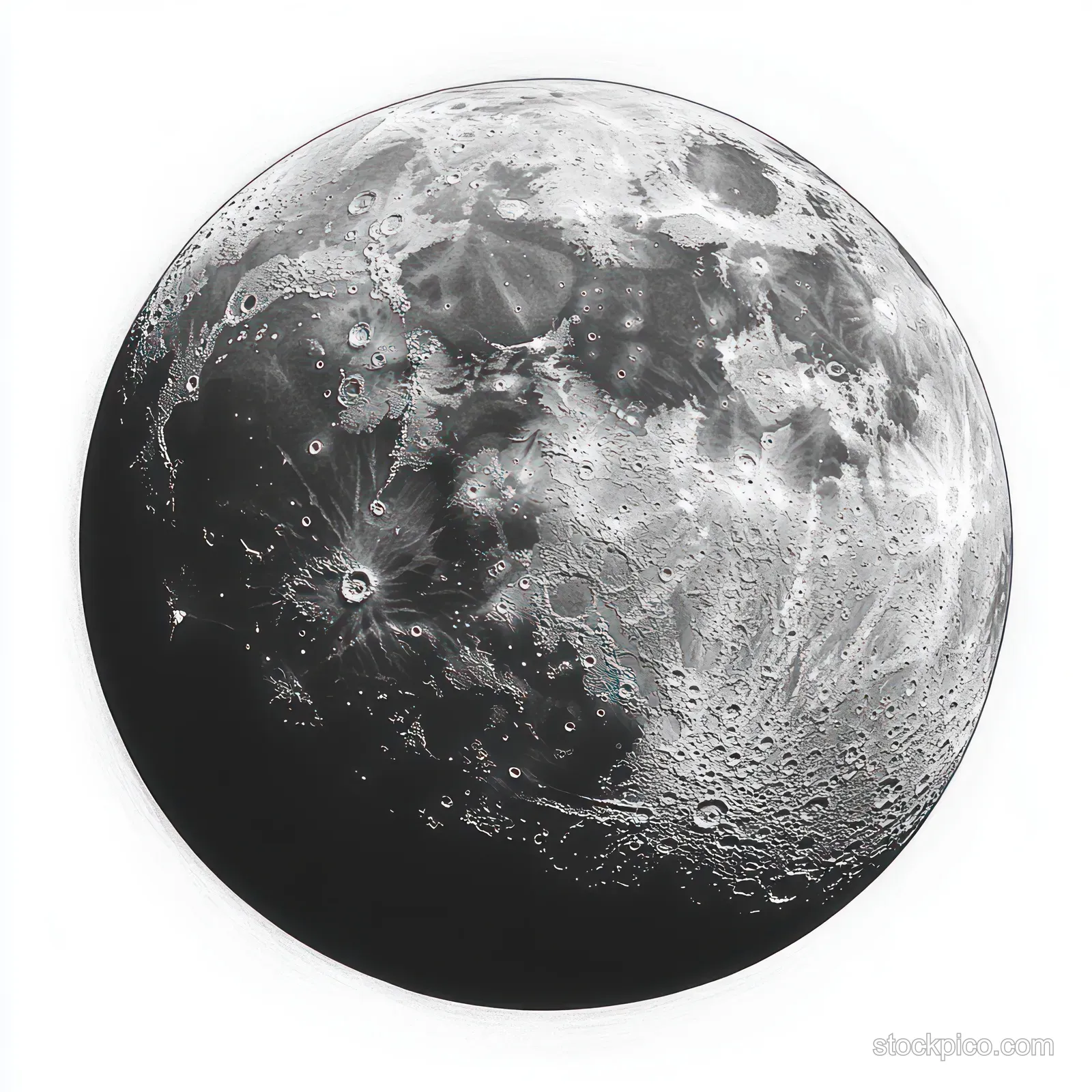 Grayscale moon sphere with visible crater details and soft rim lighting on a dark space background.