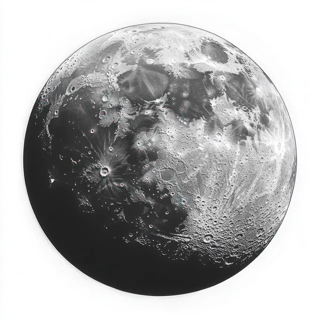 Grayscale moon sphere with visible crater details and soft rim lighting on a dark space background.
