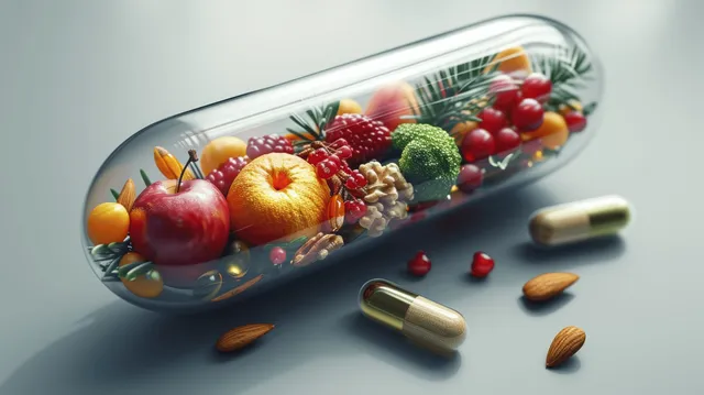Glossy capsules and scattered nuts rest beside a glass tube filled with colorful fruits and herbs on a clean surface.
