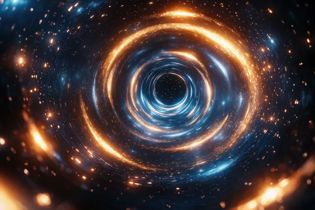 Golden and blue particle vortex forms a spiral tunnel into deep cosmic space