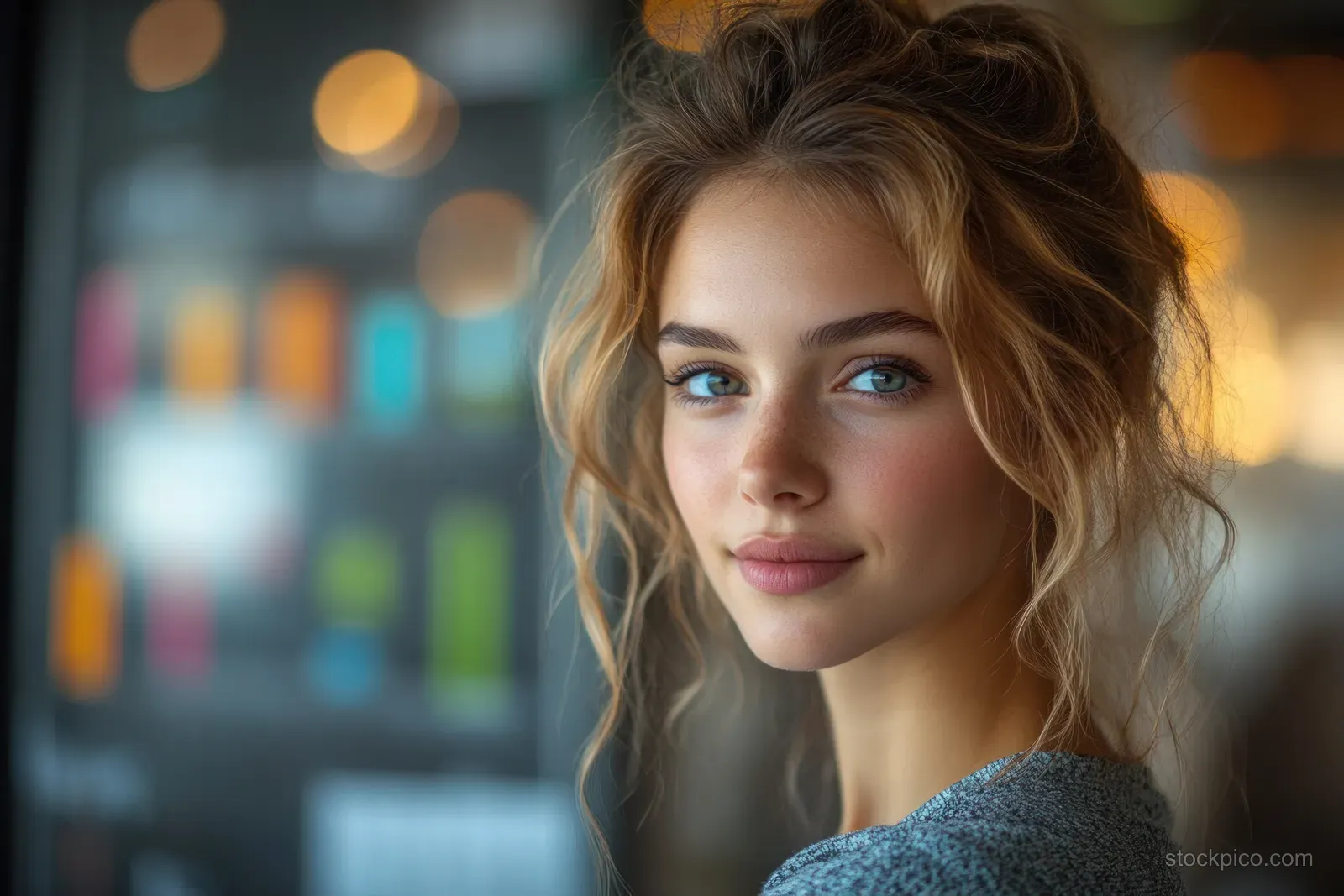 Businesswoman at a desk in an office, facing the camera with a blurred background and soft light.