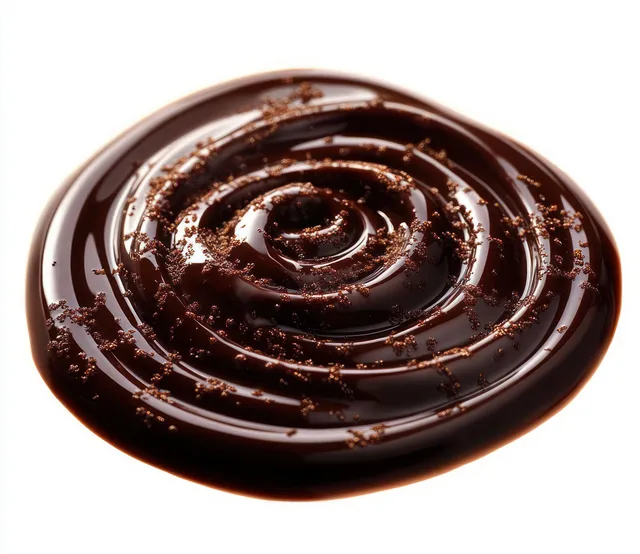 Glossy dark chocolate sauce swirled in a spiral with chocolate shavings scattered on top.