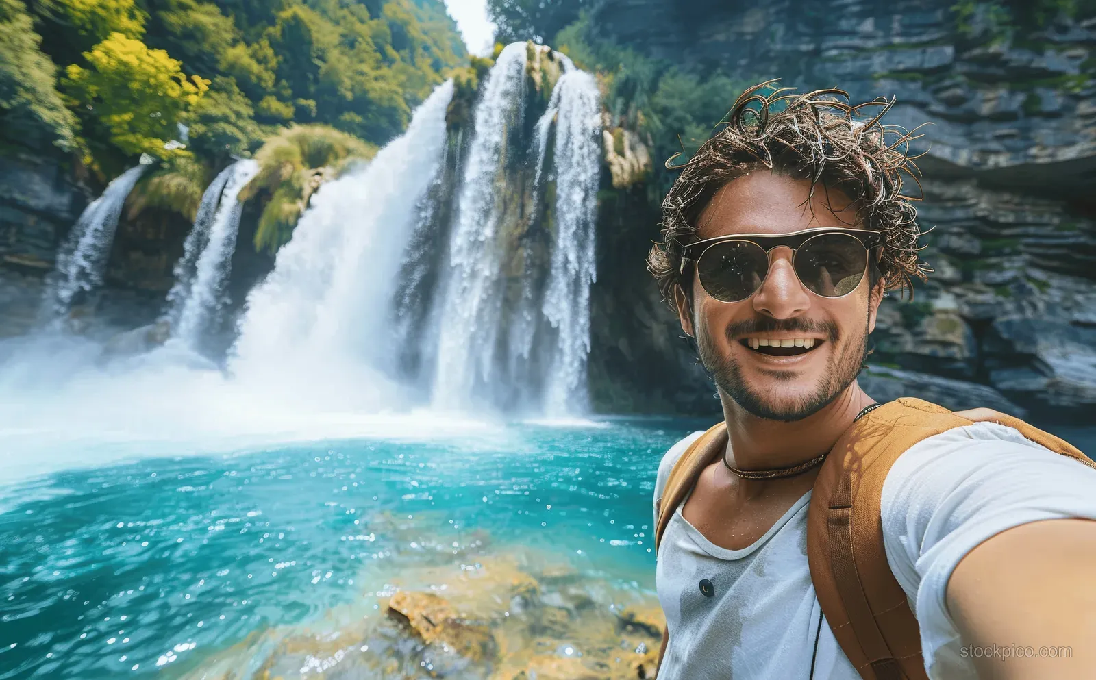 A smiling tourist holds a phone for a selfie near the Mavera waterfall with green cliffs behind.