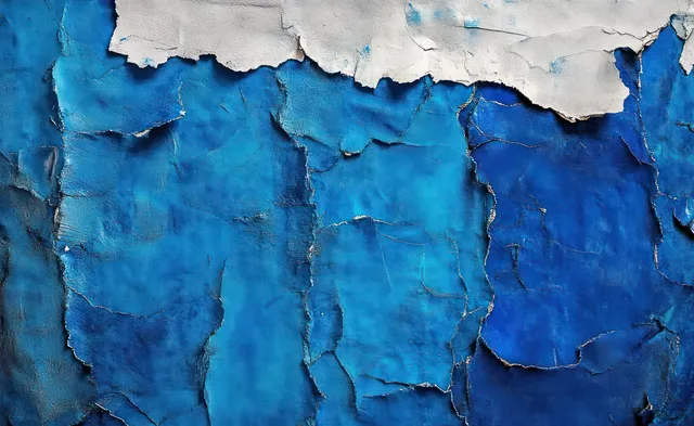 Close-up of peeling blue paint revealing cracked layers and a white flaking edge on a weathered wall.