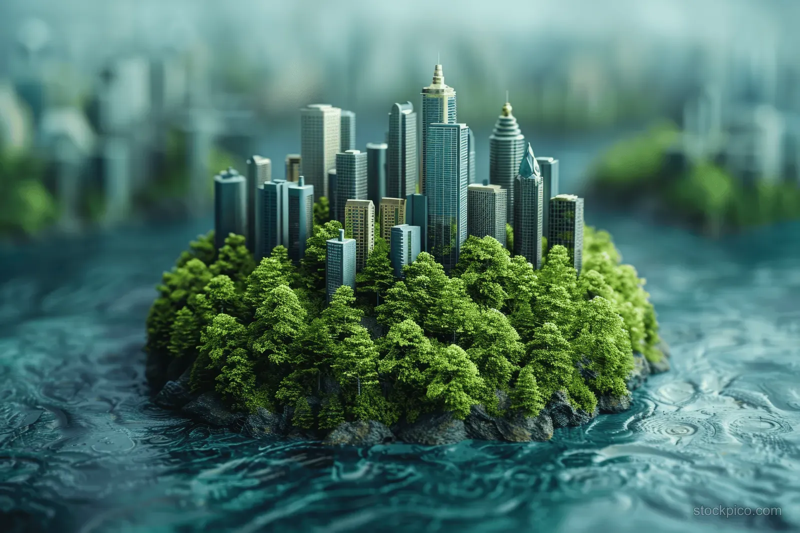A futuristic cluster of skyscrapers stands on a forested island surrounded by turquoise water.