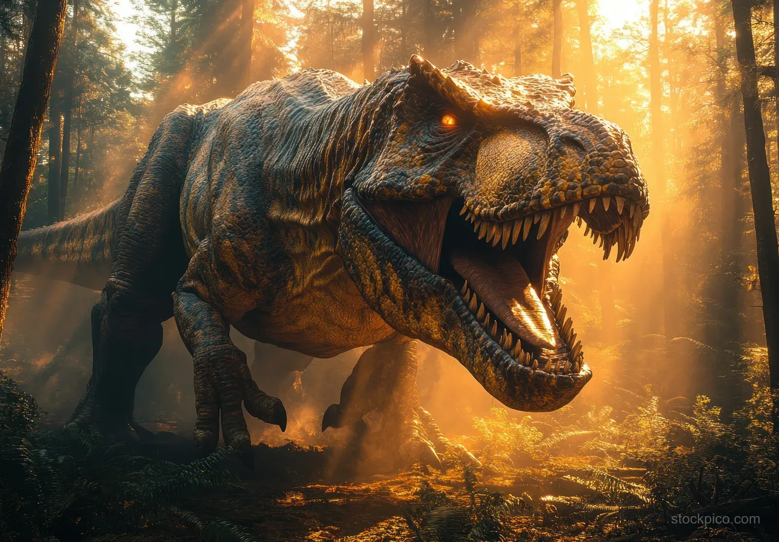 Feathered Tyrannosaurus rex lunges forward in a sunlit prehistoric jungle with its mouth open and teeth bared.