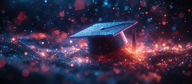 Futuristic graduation cap floating in digital space with glowing lights and sparkling particles