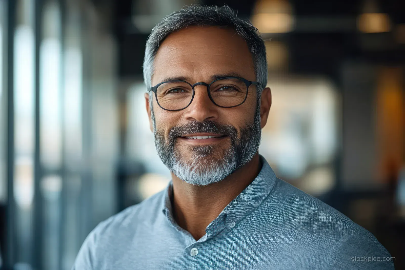 Smiling businessman with glasses in a sunlit office with blurred background and soft window light.