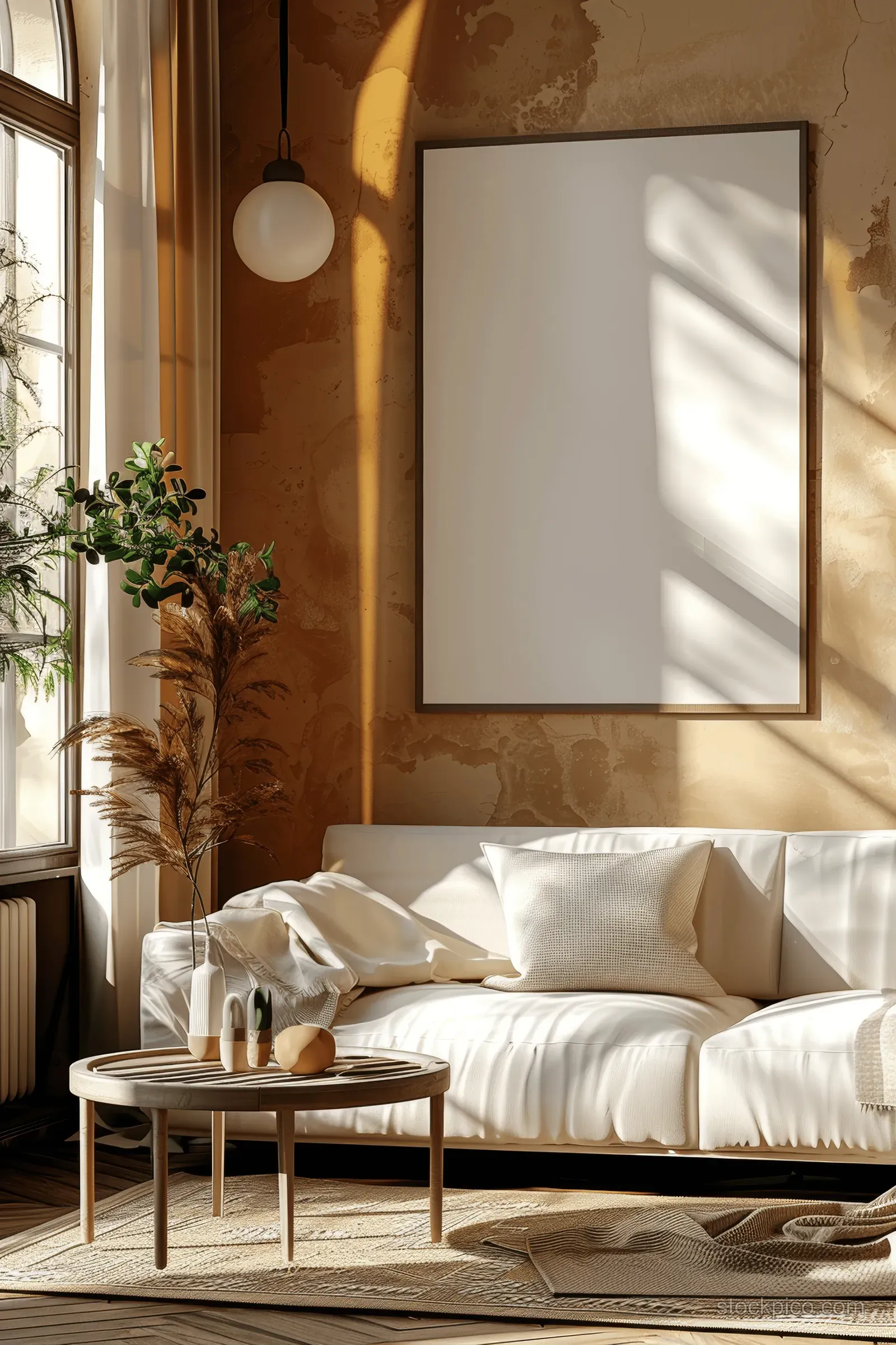 Beige sofa with plaid pillows in a Scandinavian living room next to a blank wall frame illuminated by window light.