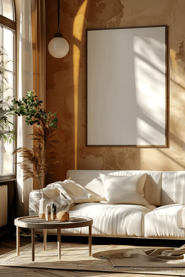 Beige sofa with plaid pillows in a Scandinavian living room next to a blank wall frame illuminated by window light.