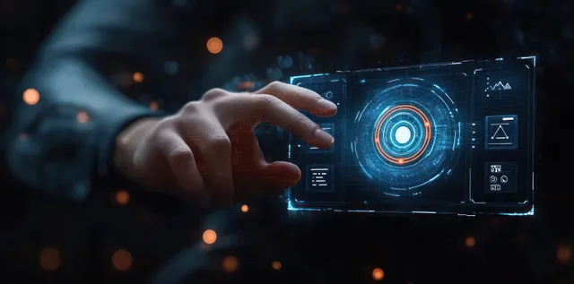 Hand holding glowing digital dashboard with target rings and analytics in dark futuristic setting