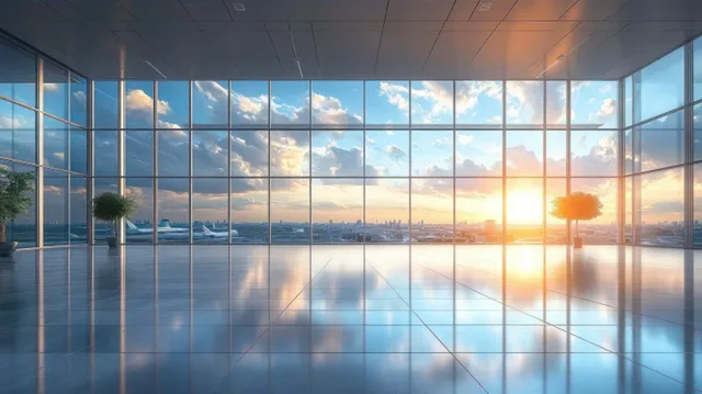 Spacious glass terminal interior facing an airport runway at sunrise with distant planes and reflected sunlight on tiled floor.