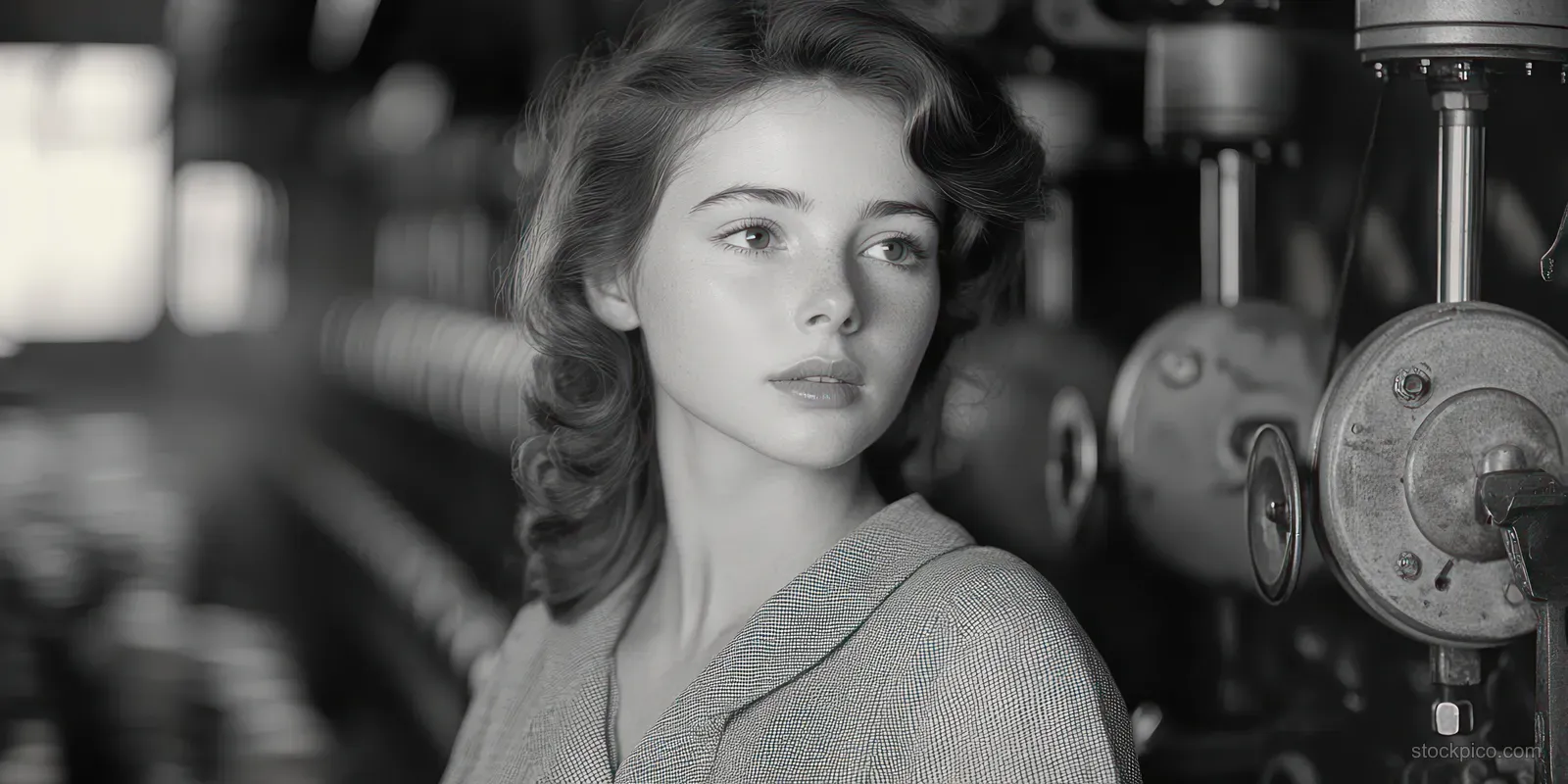 A young woman in a blazer stands among industrial gears and pipes, gazing pensively in black and white.