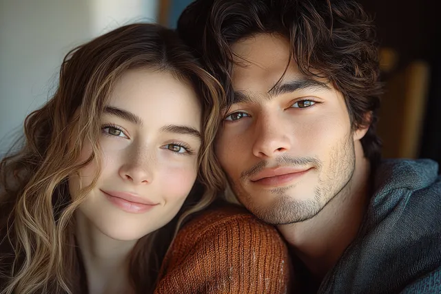 An Asian couple leans close together indoors, softly lit with warm tones and affectionate expressions.