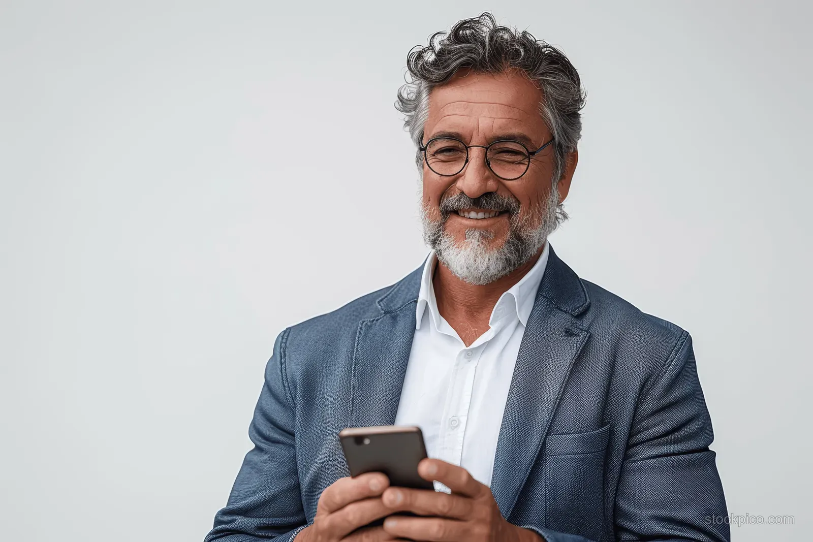 Smiling middle-aged businessman in a suit holding a smartphone in front of a white background.