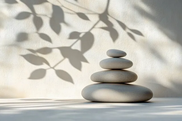 Four smooth oval stones stacked in balance against a textured wall with leaf shadow silhouettes.