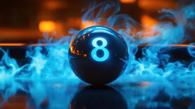 A glowing Magic 8 Ball is surrounded by blue smoke and flames, set against a dramatic dark background.