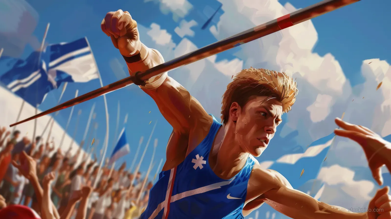A Finnish javelin thrower releases the javelin at an outdoor stadium with flags and cheering spectators behind.