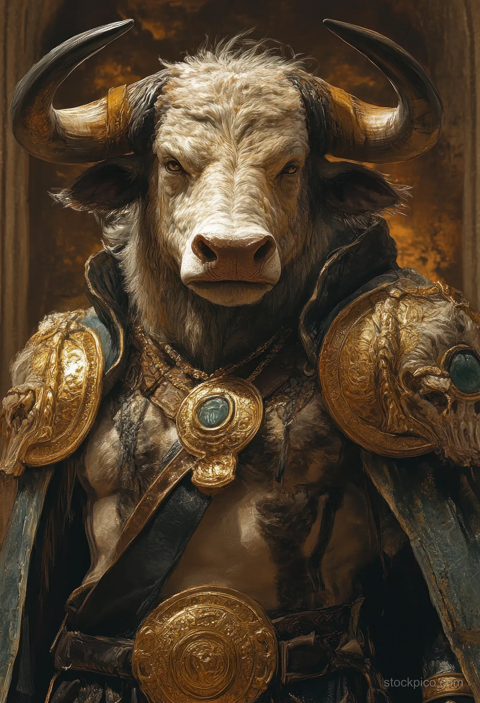 A horned minotaur warrior portrait in dark chiaroscuro with gilded armor and a forward-facing expression.