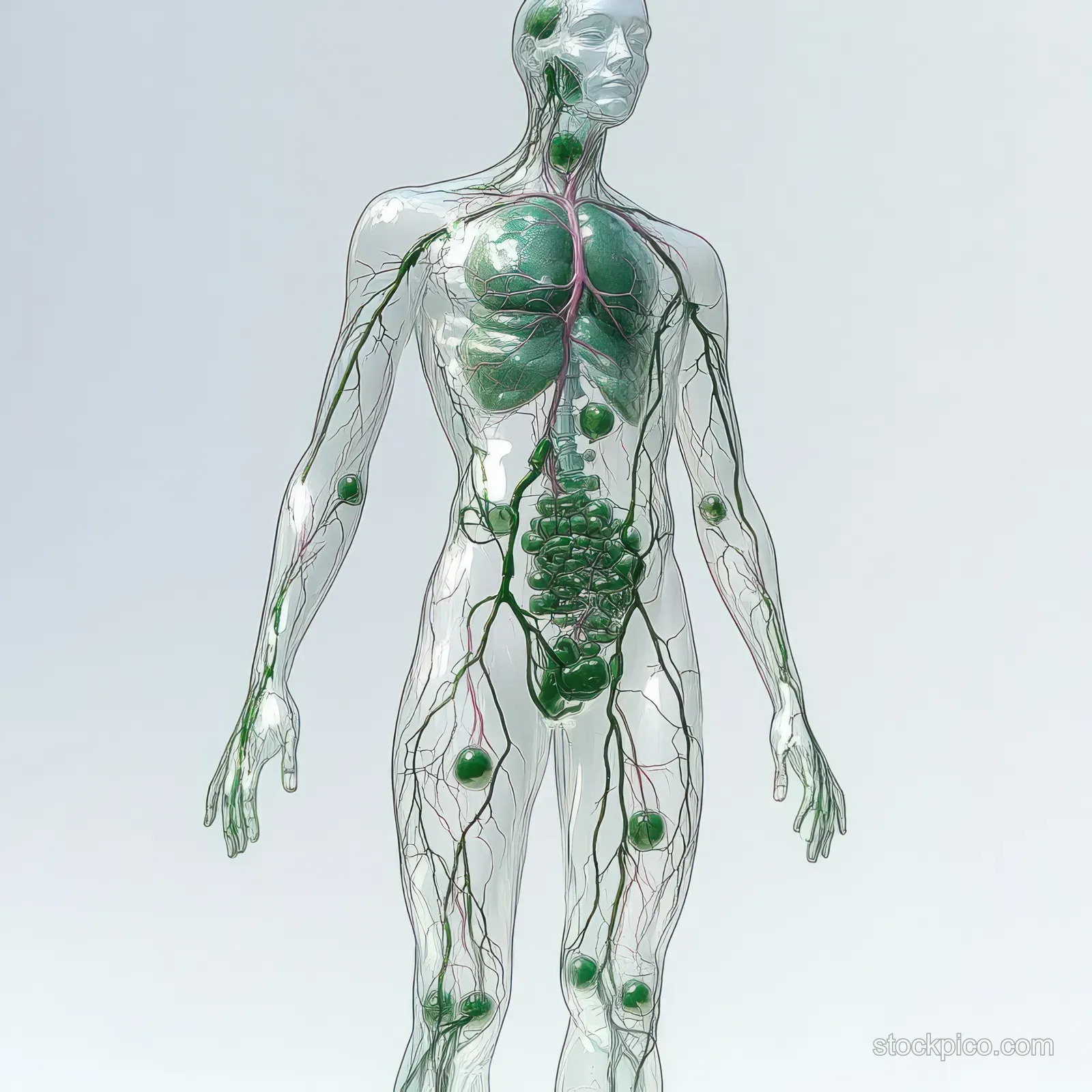 Transparent female figure with glowing green lymphatic vessels over the chest and abdomen against a light background.