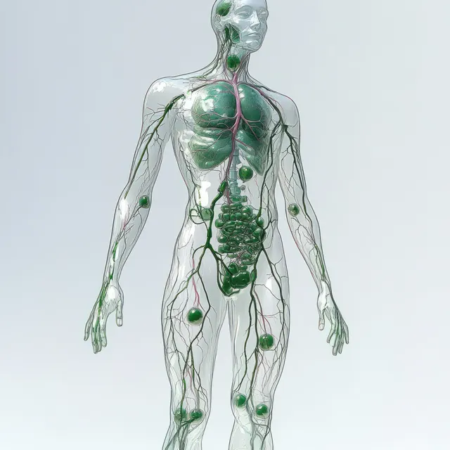 Transparent human figure with glowing green lymphatic vessels across chest and abdomen