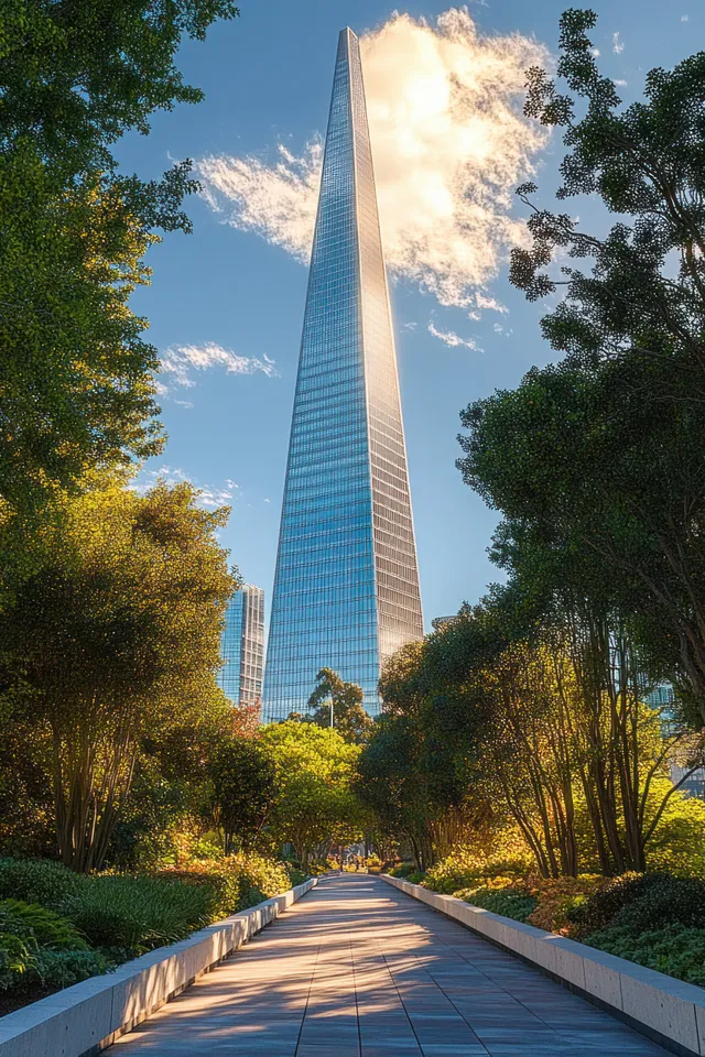 Sunlit path bordered by trees leads to a tall glass skyscraper under a blue sky with scattered clouds.