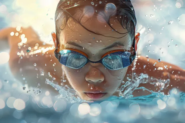 Chinese female swimmer performs a butterfly stroke in a swimming pool with splashing water droplets around her.