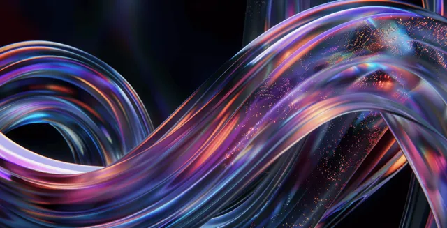 Iridescent holographic glass ribbons twisting over dark studio-lit background with prismatic refraction