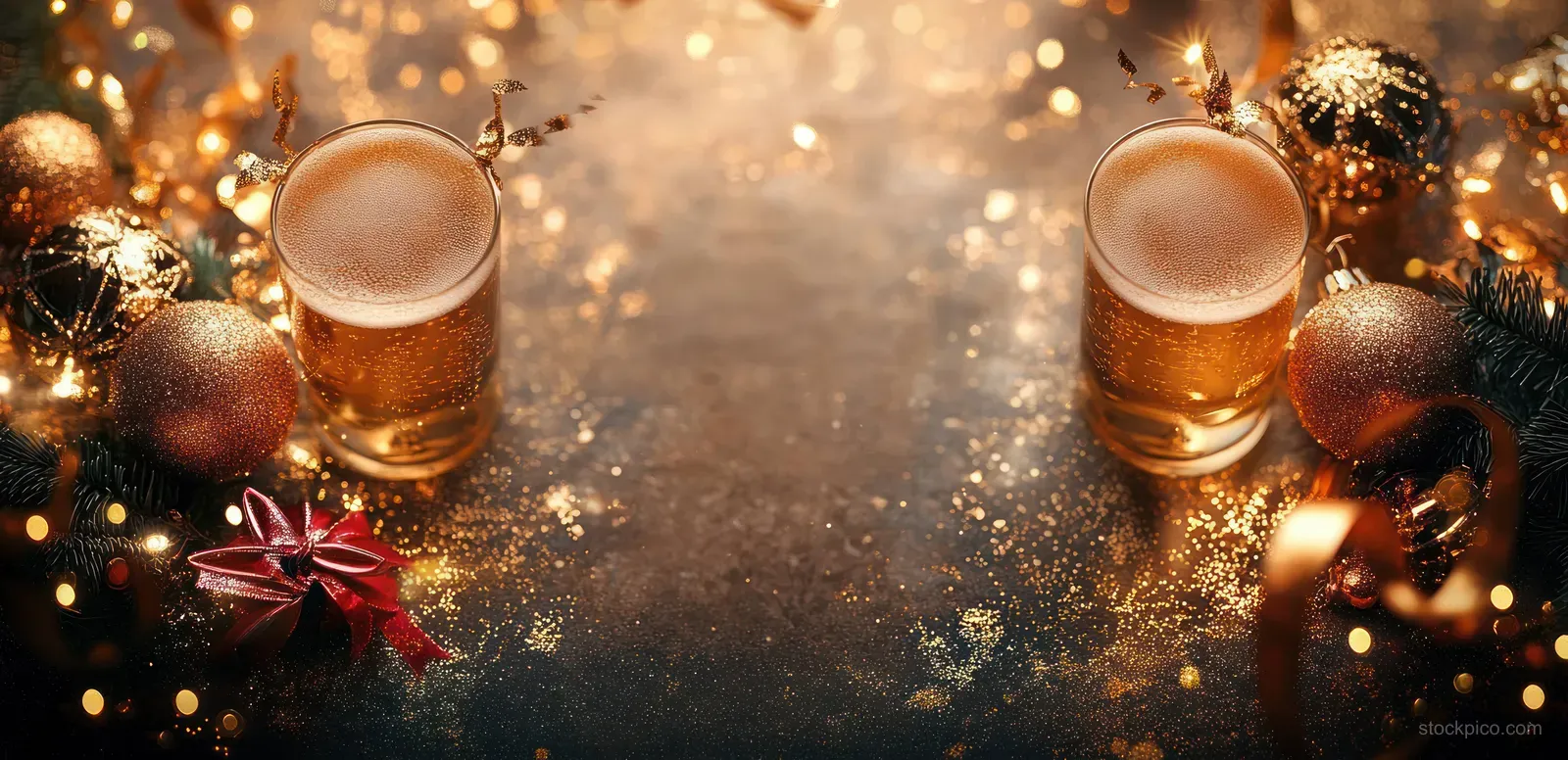Two champagne glasses sit on a New Year decorative backdrop with fairy lights, ornaments, and sparkling confetti.