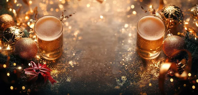 Two champagne glasses sit on a New Year decorative backdrop with fairy lights, ornaments, and sparkling confetti.