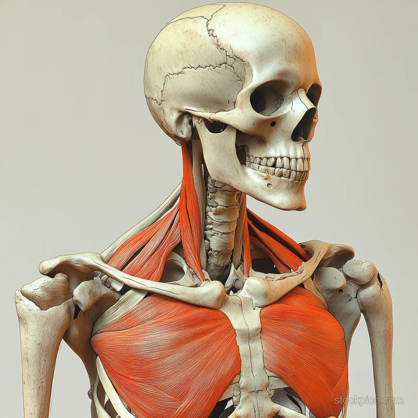 A front view anatomical illustration of a human skeleton with orange-highlighted muscles across the chest and neck.
