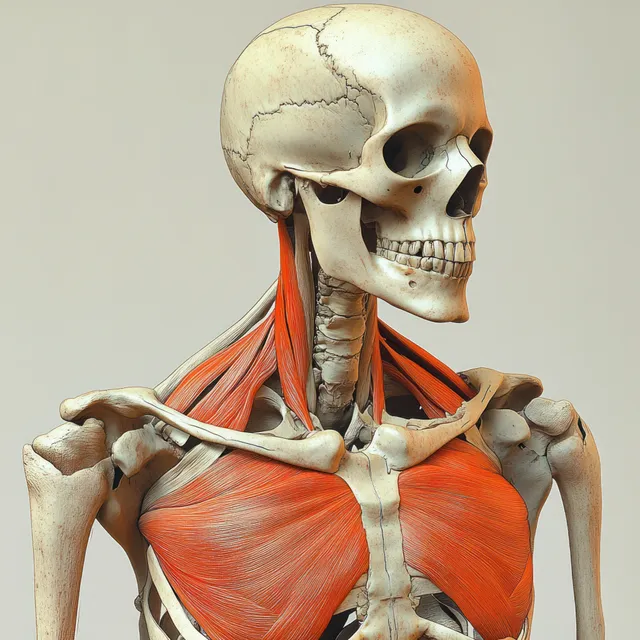 Human skeleton anatomical view with orange muscle overlays on neutral background