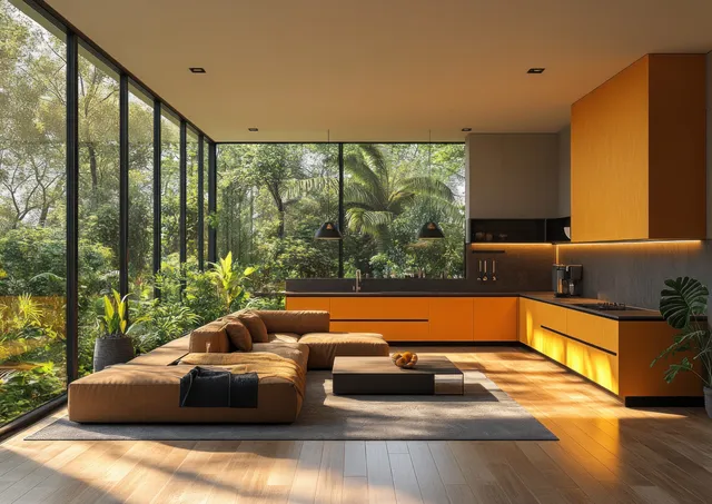 Minimalist kitchen interior with orange and black cabinets, panoramic window, and a sofa seating area beside the dining zone.