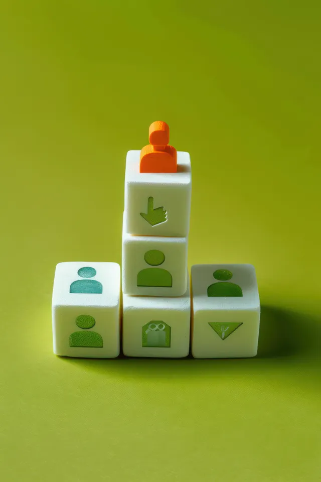 A stack of white dice with green person and thumbs-up icons is topped by a small orange human figure on a green background.