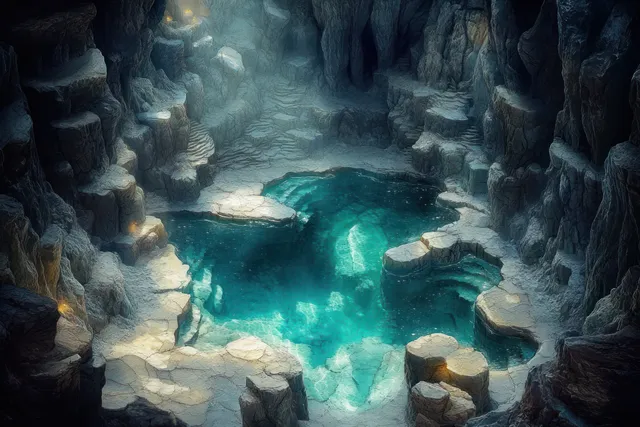 Exploradores junto a una piscina turquesa brillante en una caverna oscura con formaciones rocosas dentadas y luz de antorchas.