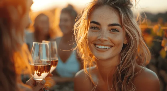 Smiling woman clinks a wine glass as friends toast at a vineyard tasting table in golden-hour light.