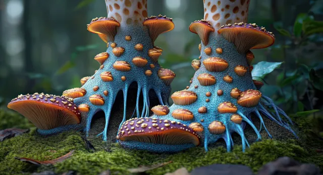 Blue and orange mushrooms growing on mossy forest floor in soft light