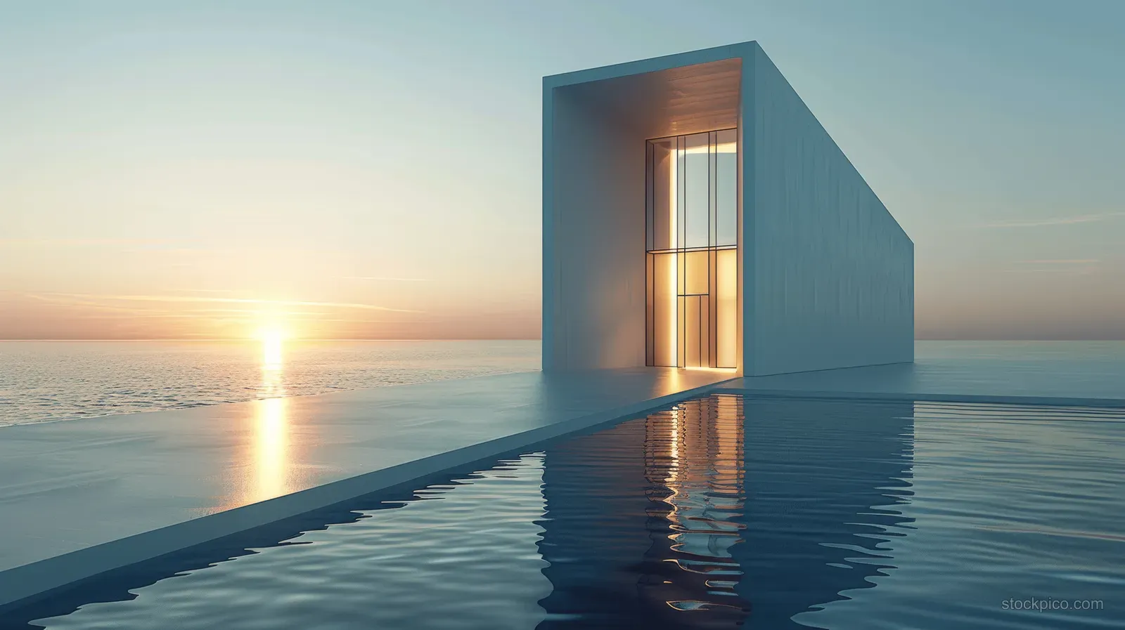 Minimal white ocean-front building with a glass entrance, sunrise glow, and reflections on a concrete floor.