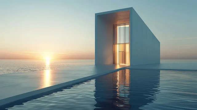 Minimal white ocean-front building with a glass entrance, sunrise glow, and reflections on a concrete floor.