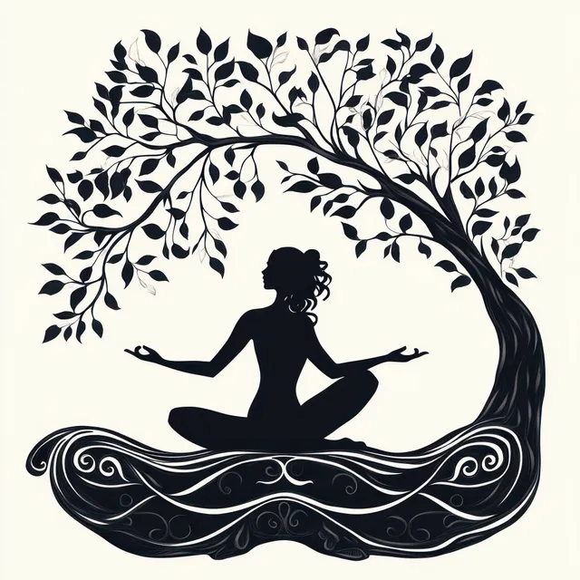 Silhouette of a woman meditating cross-legged under a large curved tree with abundant leaves.