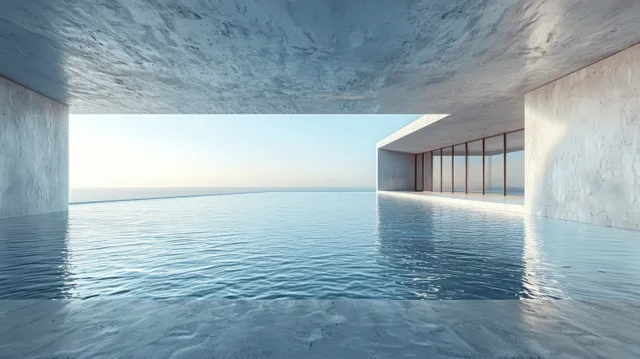 Minimalist concrete corridor with empty floor opening to a calm sea and blue sky.