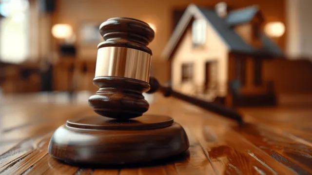 A gavel on a table with a blurred wooden house model behind it in a courtroom-like setting.