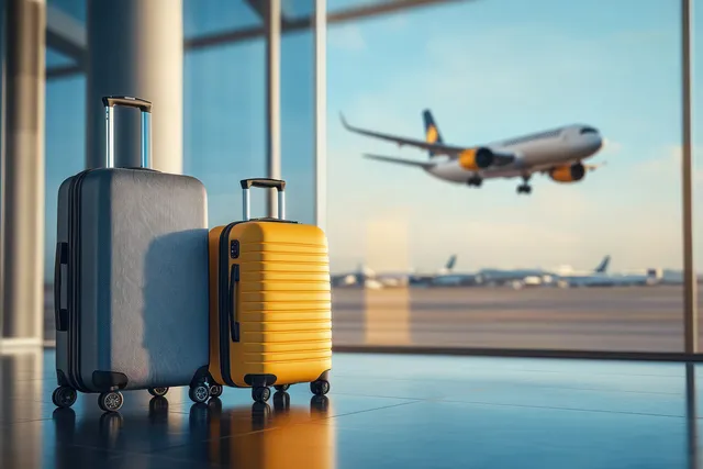Two suitcases rest on an airport floor beside large windows with a blurred airplane beyond.