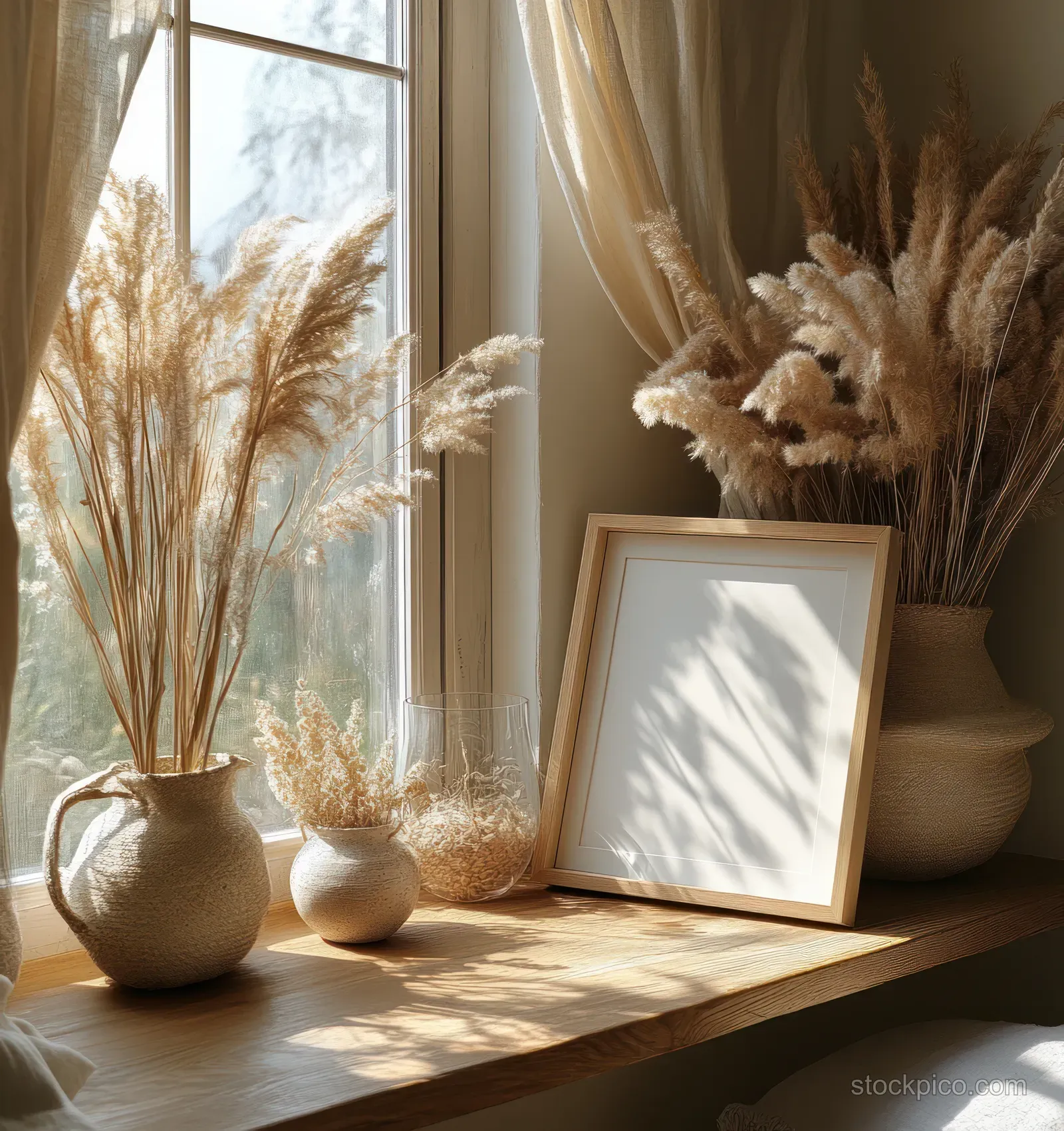 Blank wooden picture frame on a sunlit windowsill next to dried pampas grass in vases and soft curtains.
