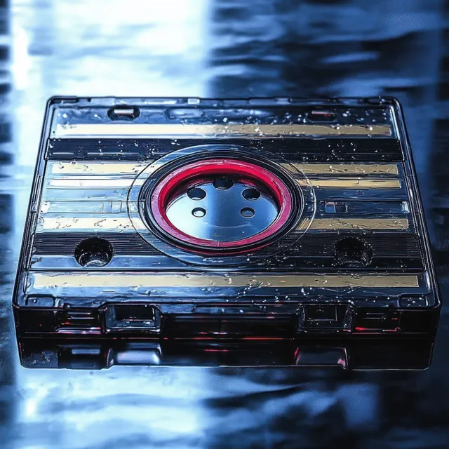 Retro audio cassette with water droplets on a reflective surface and a red reel under cool blue lighting.