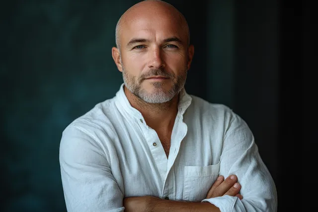Bald man with arms crossed smiling in minimalist indoor studio with soft natural light