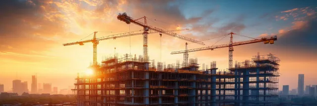 Construction cranes and scaffolding at sunset, glowing concrete towers in urban skyline