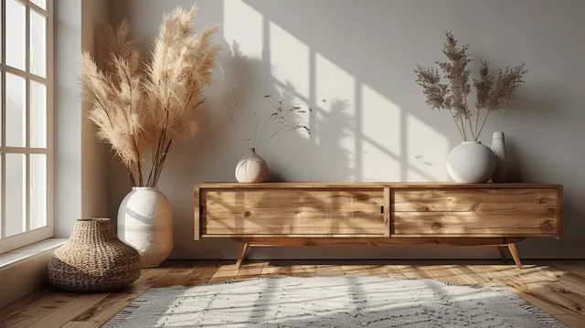 Minimalist wooden sideboard with vases and pampas grass on a bright white wall