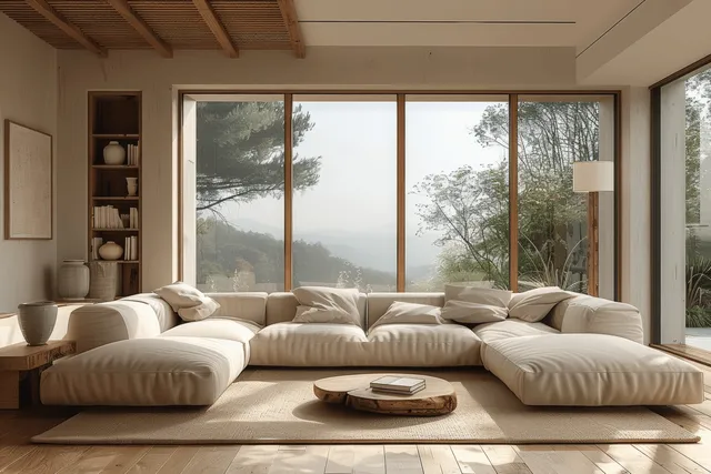 Japandi living room with beige sofa, wooden coffee table, and panoramic mountain window view with View Through Windows